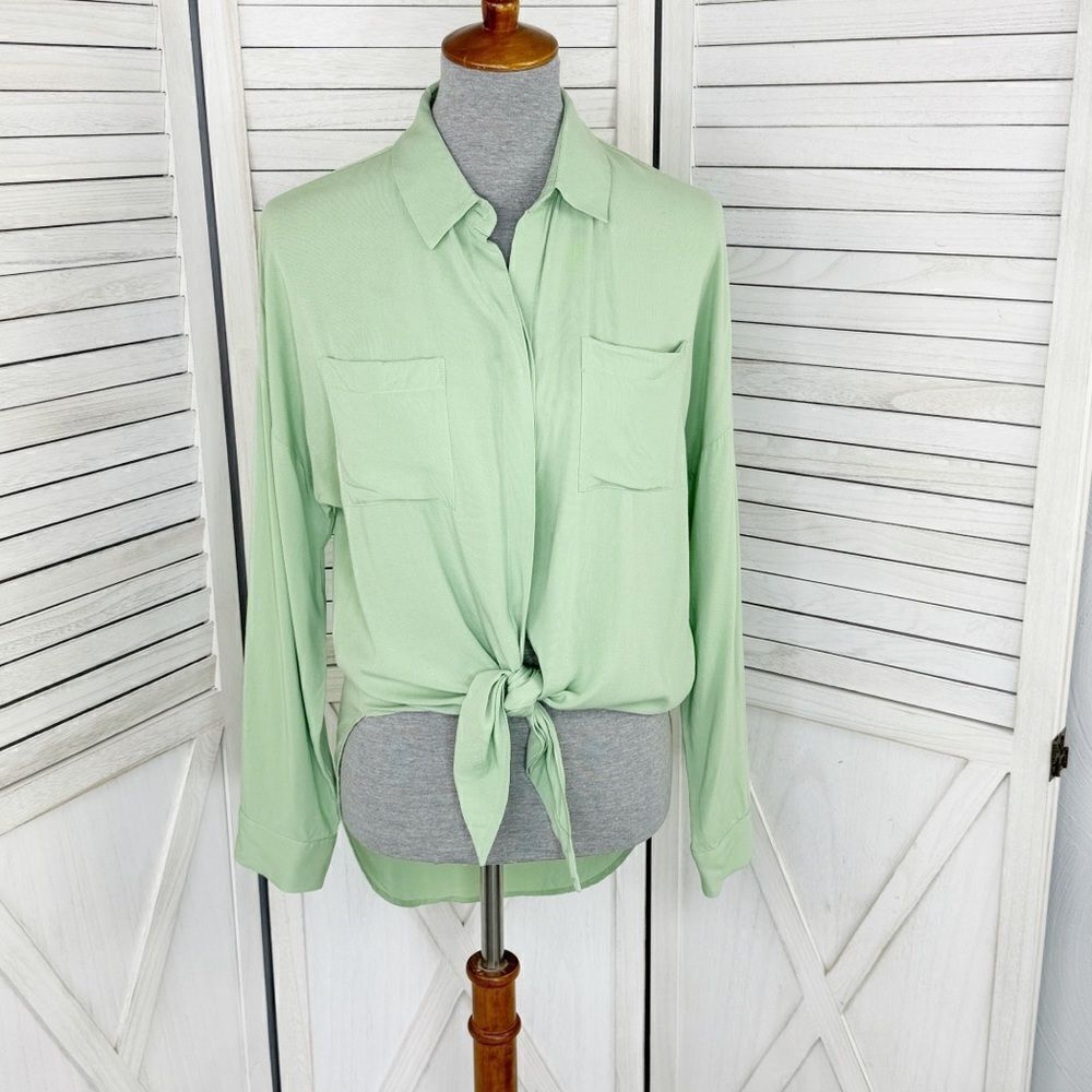 Maeve By Anthropologie Tie Front Button Down Blouse Shirt Mint Green Small